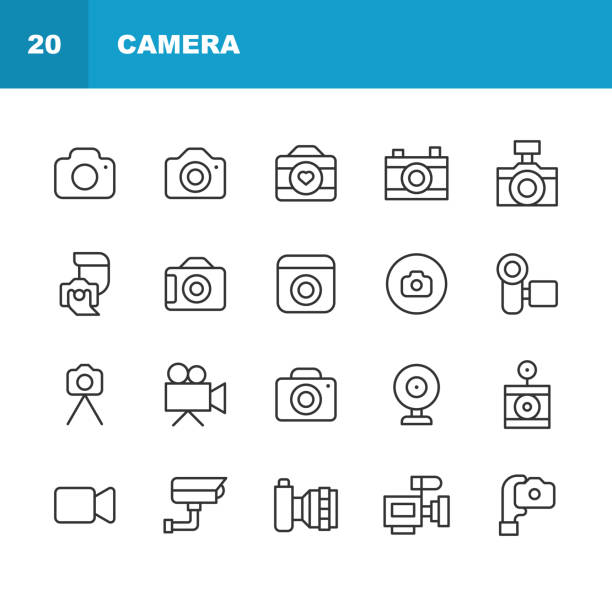 카메라 라인 아이콘. 편집 가능한 스트로크, 카메라, 디지털, 영향력, 영화, 사진, 사진, 사진, 보안 카메라, 소셜 미디어, 텔레비전, 비디오, 비디오 콜, 비디오 컨퍼런스, 빈티지, 웹캠과 같은 아� - conference call flash stock illustrations