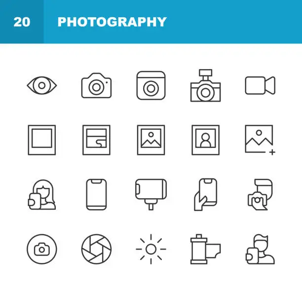 Vector illustration of Photography Line Icons. Editable Stroke, Contains such icons as Camera, Exposure, Eye, Film, Image, Influencer,, Movie, Party, Photo, Photo Book, Photography, Picture, Security Camera, Selfie, Social Media, Television, Trim, Video, Video Call, Webcam.
