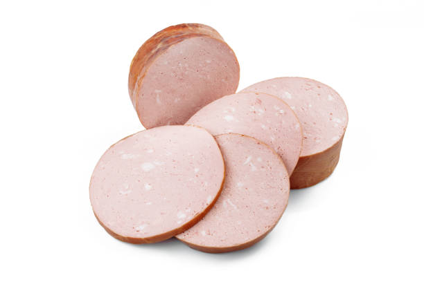 slices of sausage mortadella isolated on white background. - bologna imagens e fotografias de stock