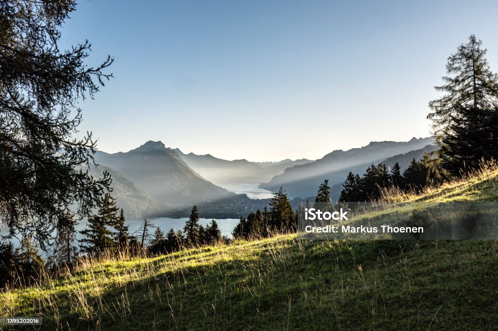 In the morning on the way to the Morgenberghorn, view towards Interlaken, Lake Thun and Lake Brienz, Bernese Oberland, Swiss Alps, Switzerland In the morning on the way to the Morgenberghorn, view towards Interlaken, Lake Thun and Lake Brienz, bernese Oberland, swiss alps, Switzerland Switzerland Stock Photo