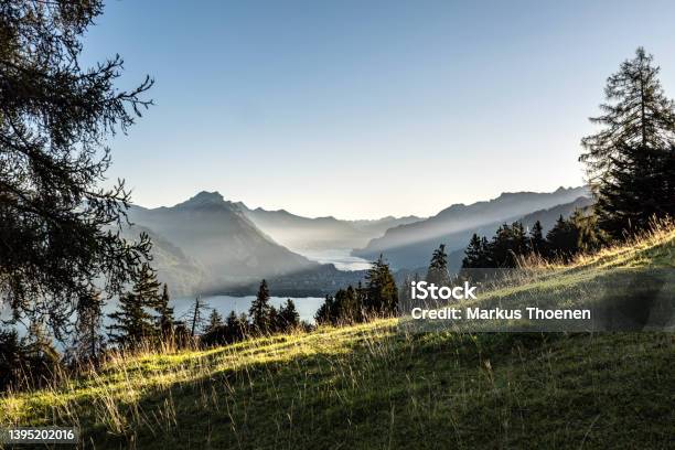 In The Morning On The Way To The Morgenberghorn View Towards Interlaken Lake Thun And Lake Brienz Bernese Oberland Swiss Alps Switzerland Stock Photo - Download Image Now