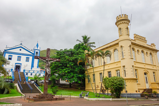 Sao Paulo, Brazil: facade of historic buildings of Ilhabela island. Church, jail and forum.
