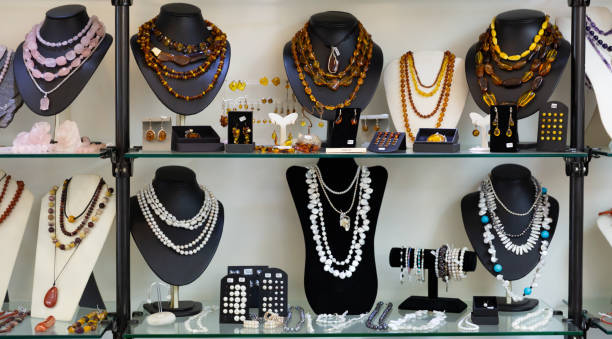 istock Semiprecious stone jewelry in glass case 1395204661