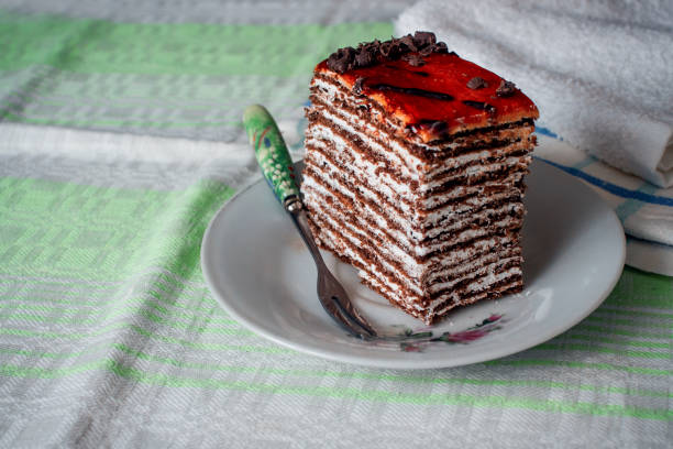 Delicious cake on the table. Breakfast with sweets