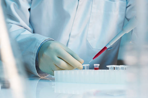close up of scientist using pipette in laboratory stock photo