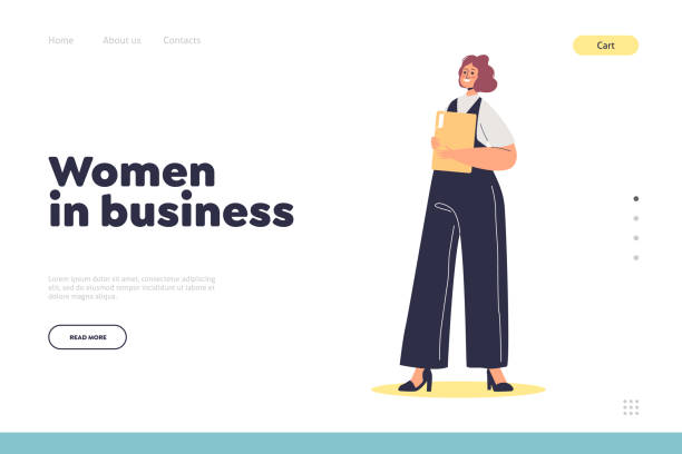 Women in business concept of landing page with successful businesswoman holding document folder vector art illustration
