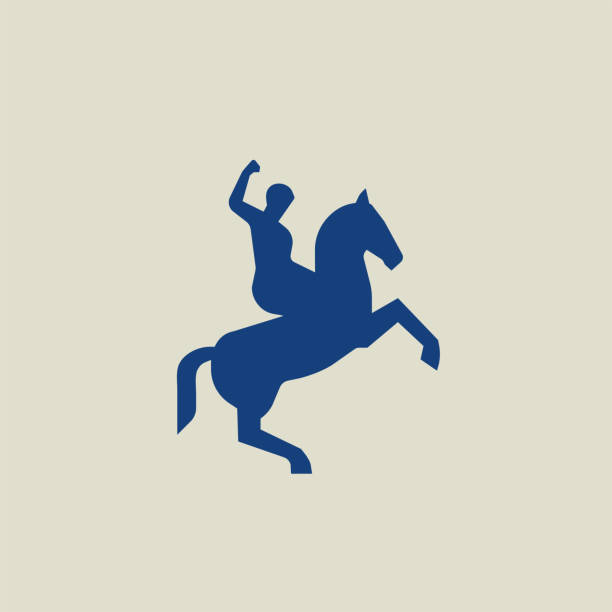 ilustraciones, imágenes clip art, dibujos animados e iconos de stock de ilustración vectorial de silueta de jinete. logotipo de un hombre montando un caballo con la mano levantada. ilustración vintage. - ronda