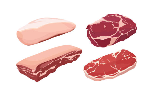 フラットスタイルの生肉ベクターイラストの異なる種類。 - meat butchers shop raw market点のイラスト素材／クリップアート素材／マンガ素材／アイコン素材