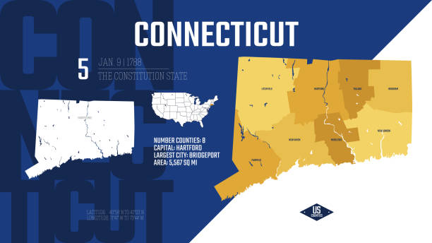 5 z 50 stanów stanów zjednoczonych, podzielonych na hrabstwa z pseudonimami terytorialnymi, szczegółowy wektor mapa connecticut z nazwiskiem i datą przyjęcia do unii, plakat podróżniczy i pocztówka - borough of north east stock illustrations