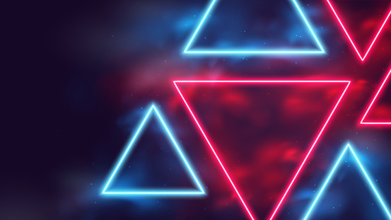 Glowing geometric shapes, triangular red and blue neon rays in smoke, cyber background with copy space, cyberpunk futuristic vector illustration