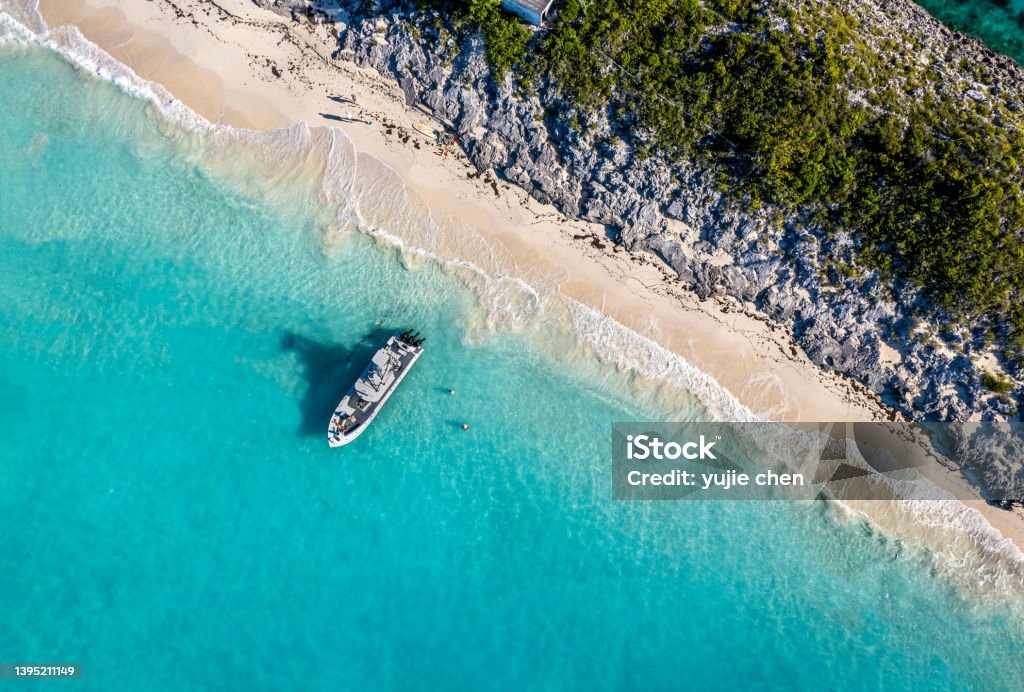 The drone aerial view of the beach of Rose Island, Bahamas. Bahamas Stock Photo