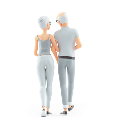 3d senior couple walking away, illustration isolated on white background