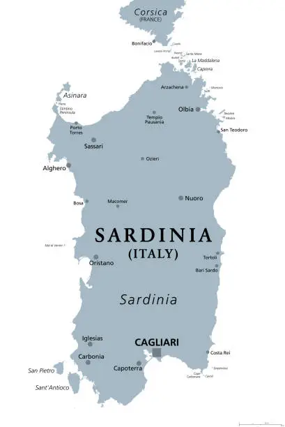 Vector illustration of Sardinia, Italian island, gray political map with capital Cagliari