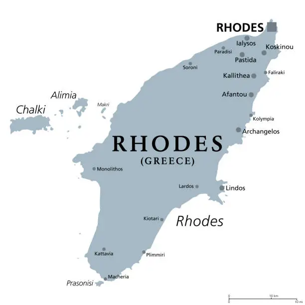 Vector illustration of Rhodes, gray political map, largest of Dodecanese island of Greece