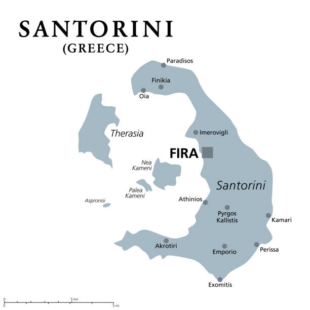 Santorini, gray political map, Greek island, part of Cyclades Santorini, an island of Greece, gray political map. Officially Thira and classical Greek Thera. Archipelago and remnant of a caldera in the Aegean Sea, and the southernmost member of the Cyclades. santorini stock illustrations