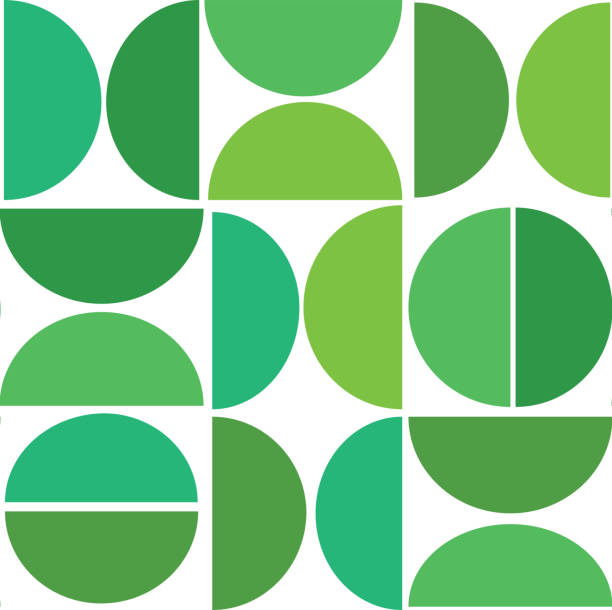 Green Mid century modern artistic half circles seamless pattern. Green Mid century modern artistic half circles seamless pattern. For wallpaper, home décor and art posters illusion pattern circle image created 1960s stock illustrations