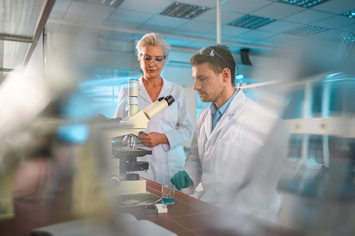 Mature Caucasian female and younger male colleagues at a research laboratory performing an experiment. Waist up shot of both, a microscope visible, candid shot, both looking away. Partly shot through lab glassware.