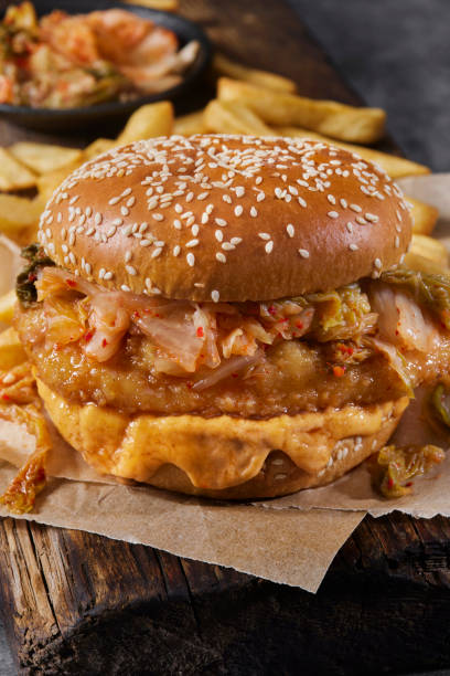 Sweet and Sour Crispy Fried Chicken Burger with Kimchi