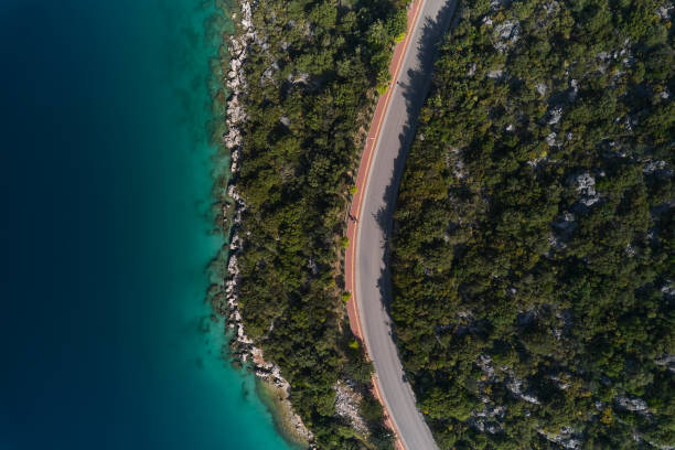 istock Seaside road approaching a beach, seen from above 1395220303