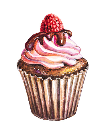 Watercolor painting: chocolate muffin with strawberry isolated on white background