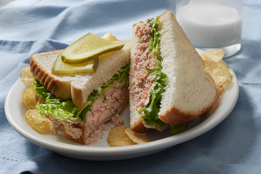 Classic Retro Style Deviled Ham Salad Sandwich on White Bread with Lettuce, Dill Pickles and Potato Chips