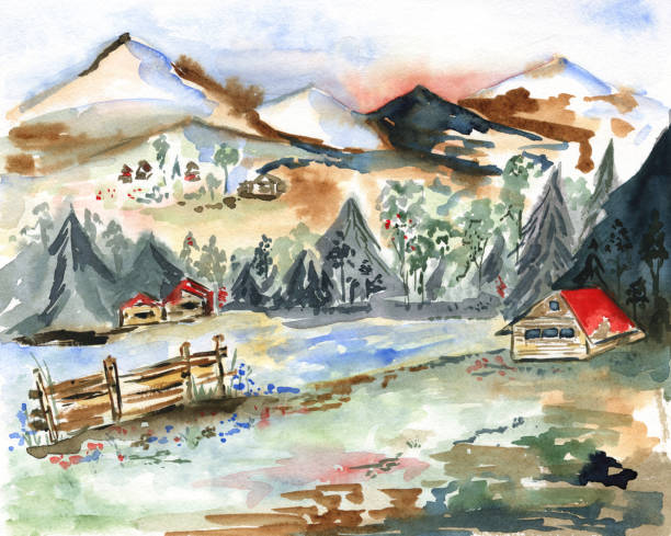 Mountain landscape watercolor illustration Colorful painting of the mountains, forest, small red roof houses, fence, and a meadow. For greeting cards, postcards, art prints, door mats, posters. cottagecore stock illustrations