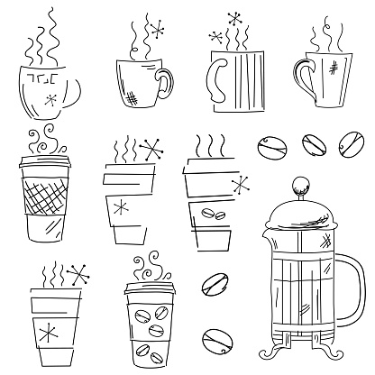 A cute, simple coffee doodle done in back and white on a transparent background. File includes EPS Vector file and high-resolution jpg.