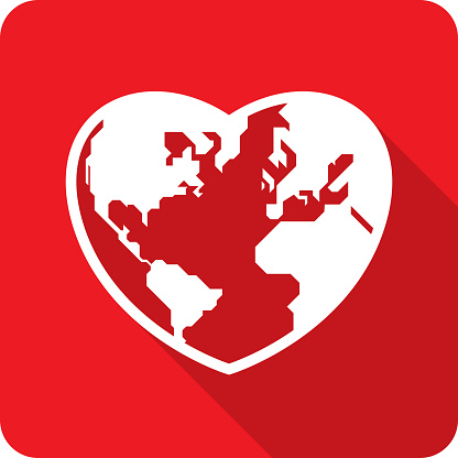 Vector illustration of a red heart shaped planet Earth icon in flat style.