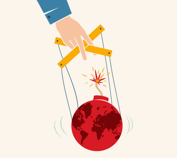 illustrazioni stock, clip art, cartoni animati e icone di tendenza di poster vintage vettoriale con comandi manuali sulla terra come un burattino. controllo del mondo. mondo come una bomba. - war globe symbols of peace weapon