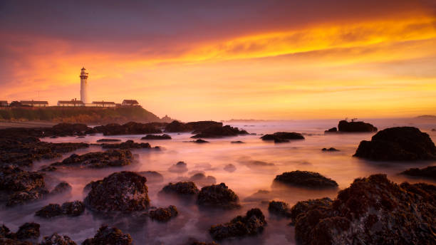 Pigeon Point - Sunset Historic Pigeon Point lighthouse Pescadero CA at sunset rocky coastline stock pictures, royalty-free photos & images