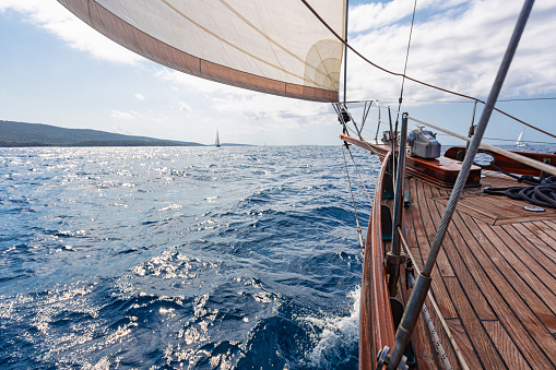 yacht bow in Mediterranean sea in the middle of the sunny summer day