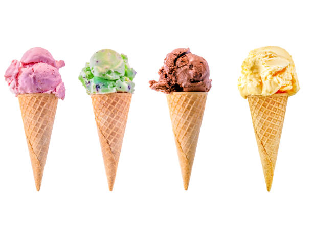 Ice Cream cones in a row on white stock photo