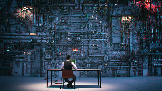 A supercomputer operator. All items in the scene are 3D