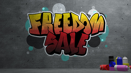 freedom sale Graffiti on concrete wall  texture Stone wall background.  3d rendering