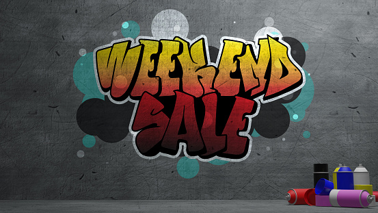 weekend sale Graffiti on concrete wall  texture Stone wall background , 3d rendering