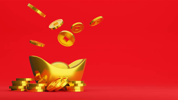 istock Gold coins and Chinese gold ingot on red background , 3D Rendering 1395233090