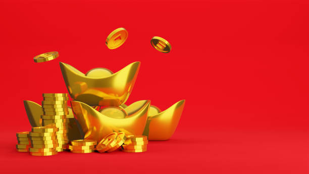 istock Gold coins and Chinese gold ingot on red background , 3D Rendering 1395233092