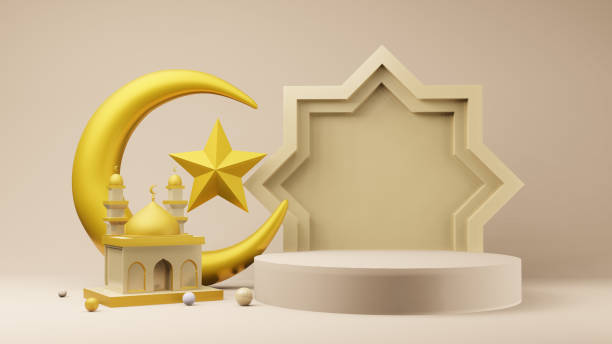 istock Crescent moon and stars golden with Mosque Islamic symbol 3D rendering 1395237190
