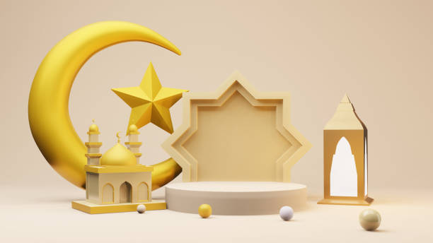 istock Crescent moon and stars golden with Mosque Islamic symbol 3D rendering 1395237200