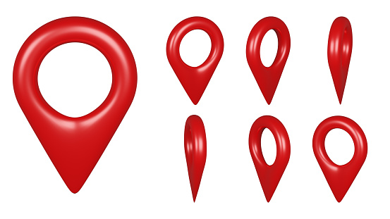 Isolated red map pointer set on white background. 3D rendering Illustration