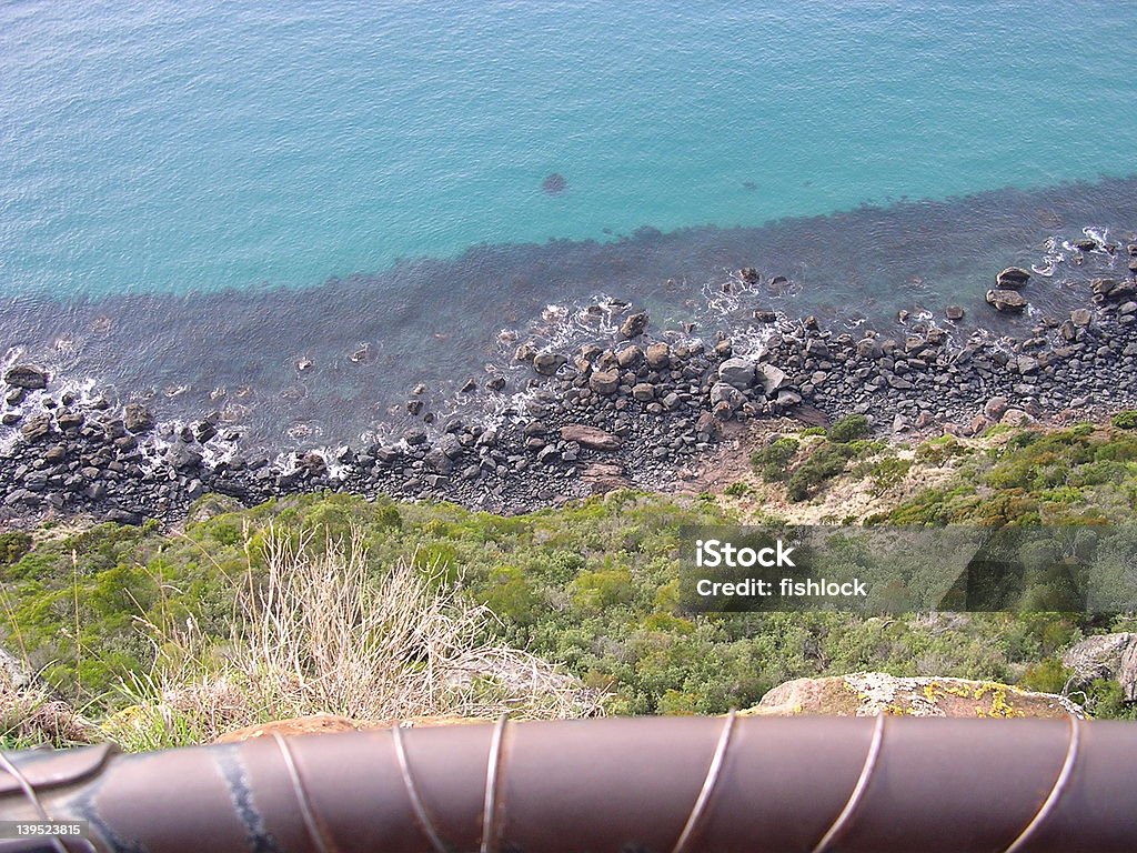 Long Way Down #2 Looking down to a rocky ocean shore with rail in foreground. Australia Stock Photo