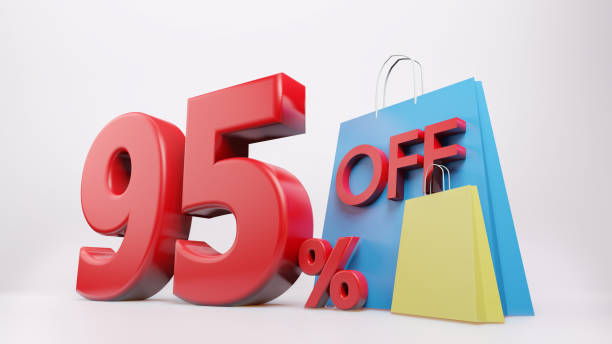 istock 95% symbol with shopping bag , 3D render isolated background 1395240432