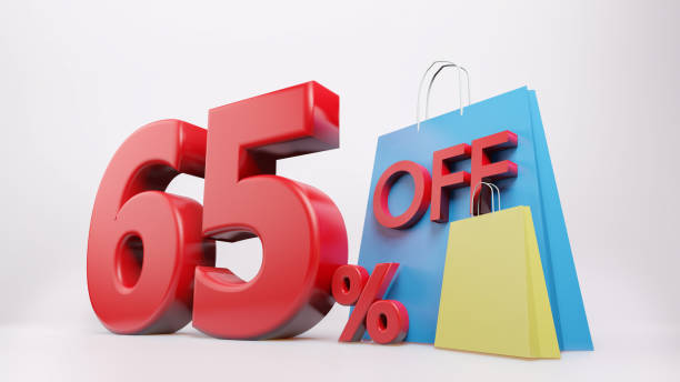 istock 65% symbol with shopping bag , 3D render isolated background 1395240436