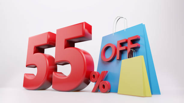 istock 55% symbol with shopping bag , 3D render isolated background 1395240437