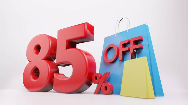istock 85% symbol with shopping bag , 3D render isolated background 1395240443