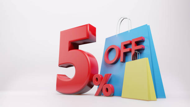 istock 5% symbol with shopping bag , 3D render isolated background 1395240446