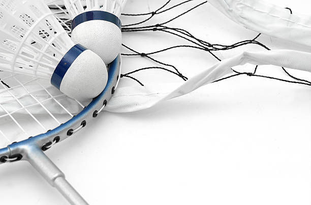 istock Badminton net balls and racket on white background 139525114