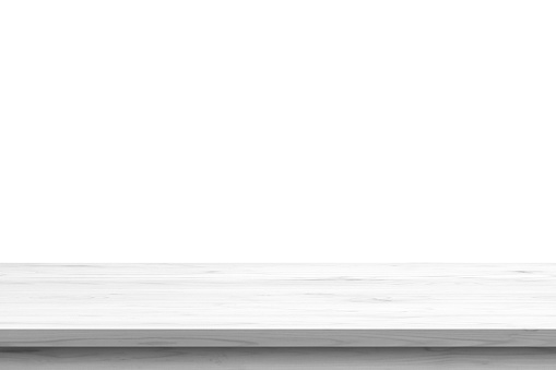 Empty white wooden table top isolated on white background