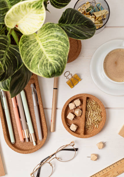 istock Modern eco friendly desktop with zero waste stationary and white coffee cup 1395253665