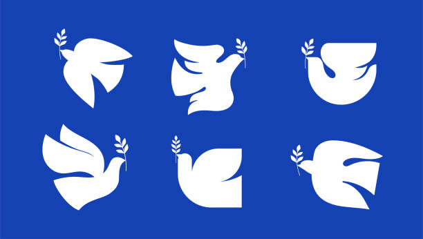 ilustrações de stock, clip art, desenhos animados e ícones de dove of peace with olive branch abstract icons - common wood pigeon